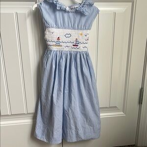 Blue Striped Kids Dress with Nautical Embroidery